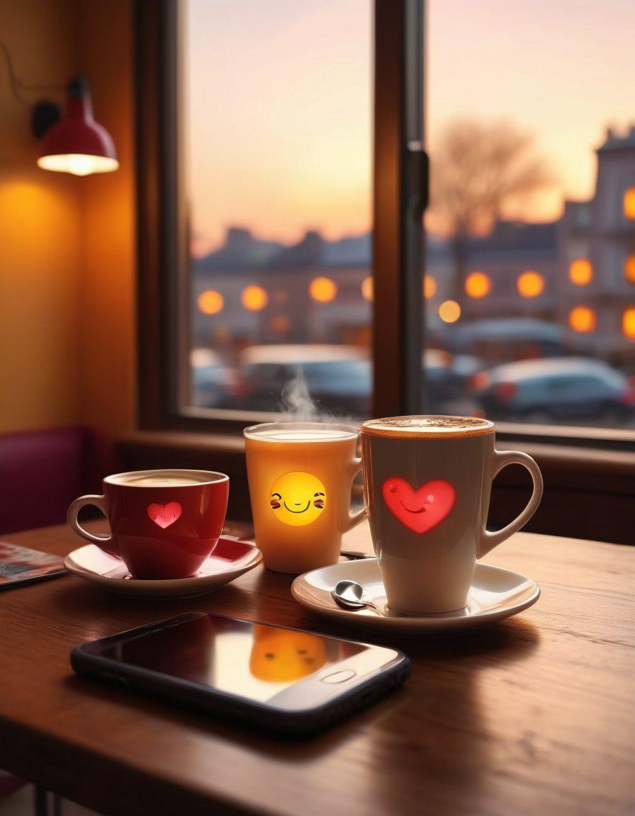 A cozy mobile phone on a café table, displaying a vibrant chat conversation filled with heart emojis and flirty texts. Soft, warm lighting enhances the romantic atmosphere, with a steaming coffee cup beside it. In the background, silhouettes of a couple laughing and engaging in a joyful conversation signify connection. Emphasize warmth and intimacy in the setting. super-realistic. warm colors. inviting ambiance.