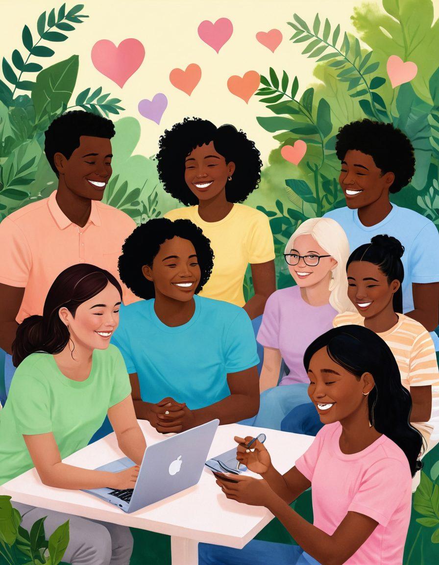 A diverse group of individuals engaging in a virtual chat, surrounded by warm, inviting elements like hearts and connection symbols. Soft pastel colors create a comforting atmosphere, highlighting their smiles as they share stories and laughter. Incorporate a digital landscape blending nature and technology to symbolize the fusion of online and real-world connections. super-realistic. soft pastel colors. warm tones.