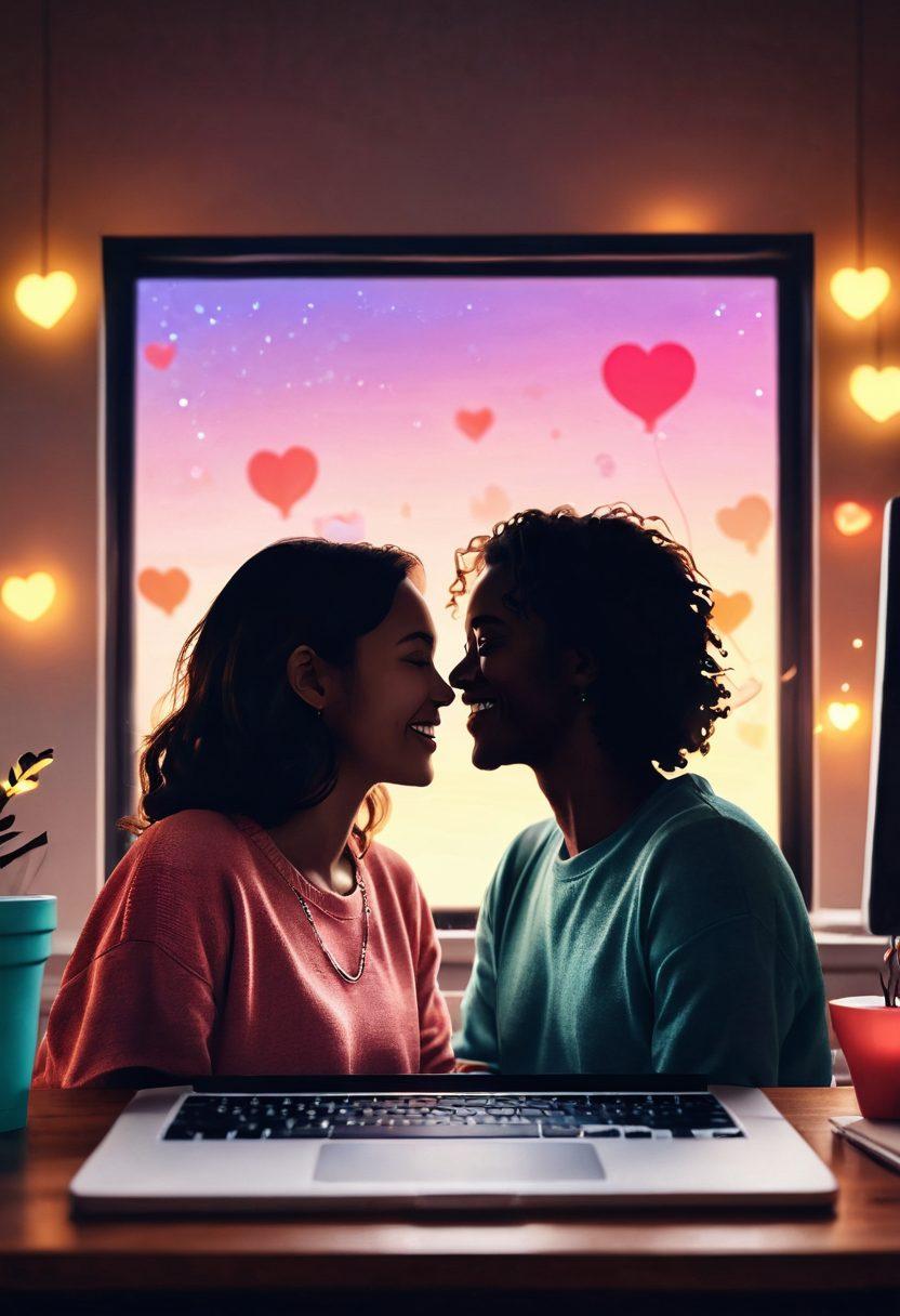 A cozy digital scene featuring a heart-shaped chat window filled with flirty messages and emojis, surrounded by soft glowing lights. In the background, silhouettes of a couple sharing a laugh, symbolizing modern romance, with a laptop and a smartphone displaying chat bubbles. The color palette should be warm and inviting, emphasizing connection and intimacy. super-realistic. vibrant colors. soft focus.